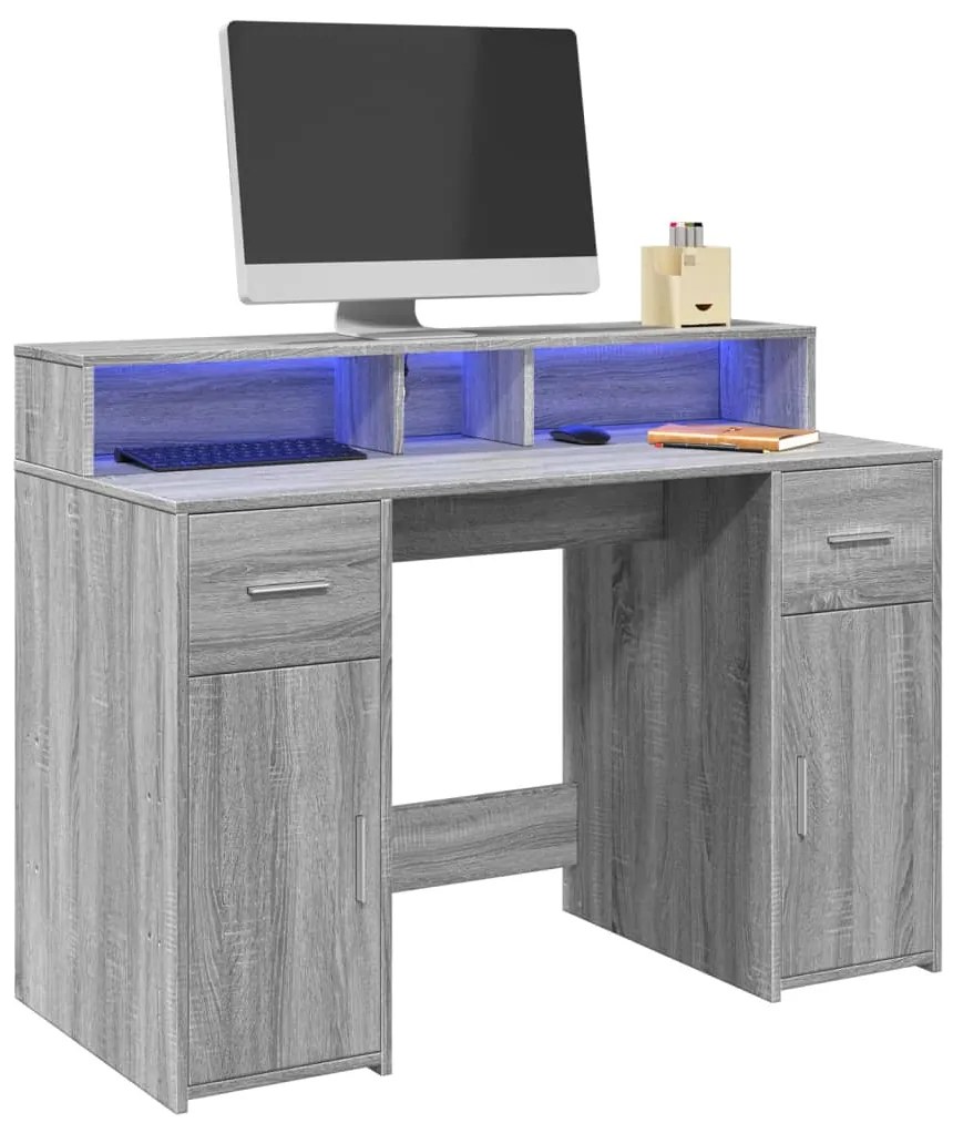 vidaXL Secretária luzes LED 120x55x91cm deriv. madeira cinzento sonoma
