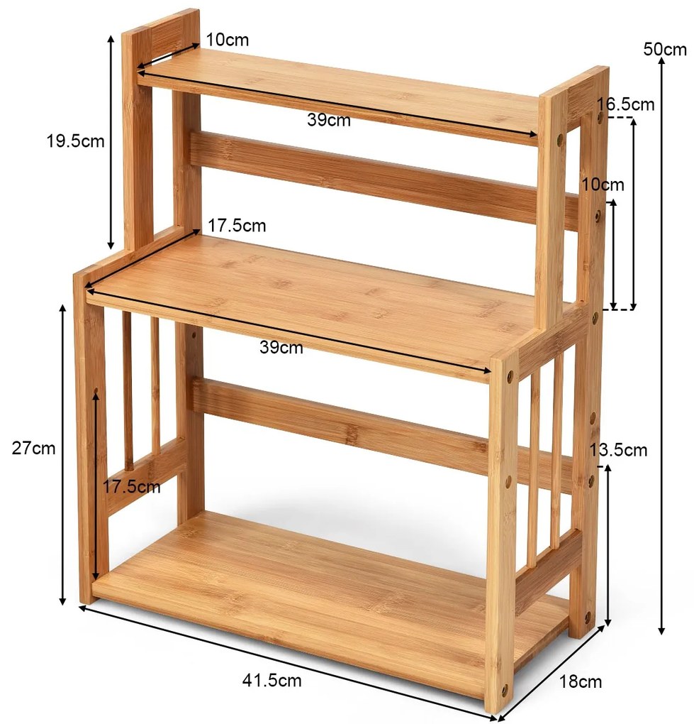 Suporte para especiarias em bambu com 3 níveis de prateleiras abertas e superfície impermeável para cozinha, casa de banho e quarto 41,5 x 18 x 50 cm