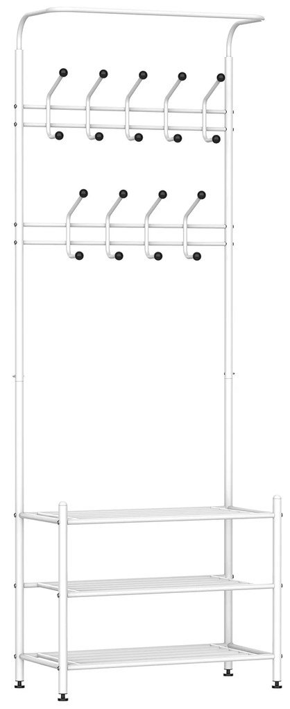 HOMCOM Móvel Cabide de Entrada com 18 Ganchos e Sapateira Armário de Entrada com Cabide com 3 Prateleiras 67x30x185cm Branco