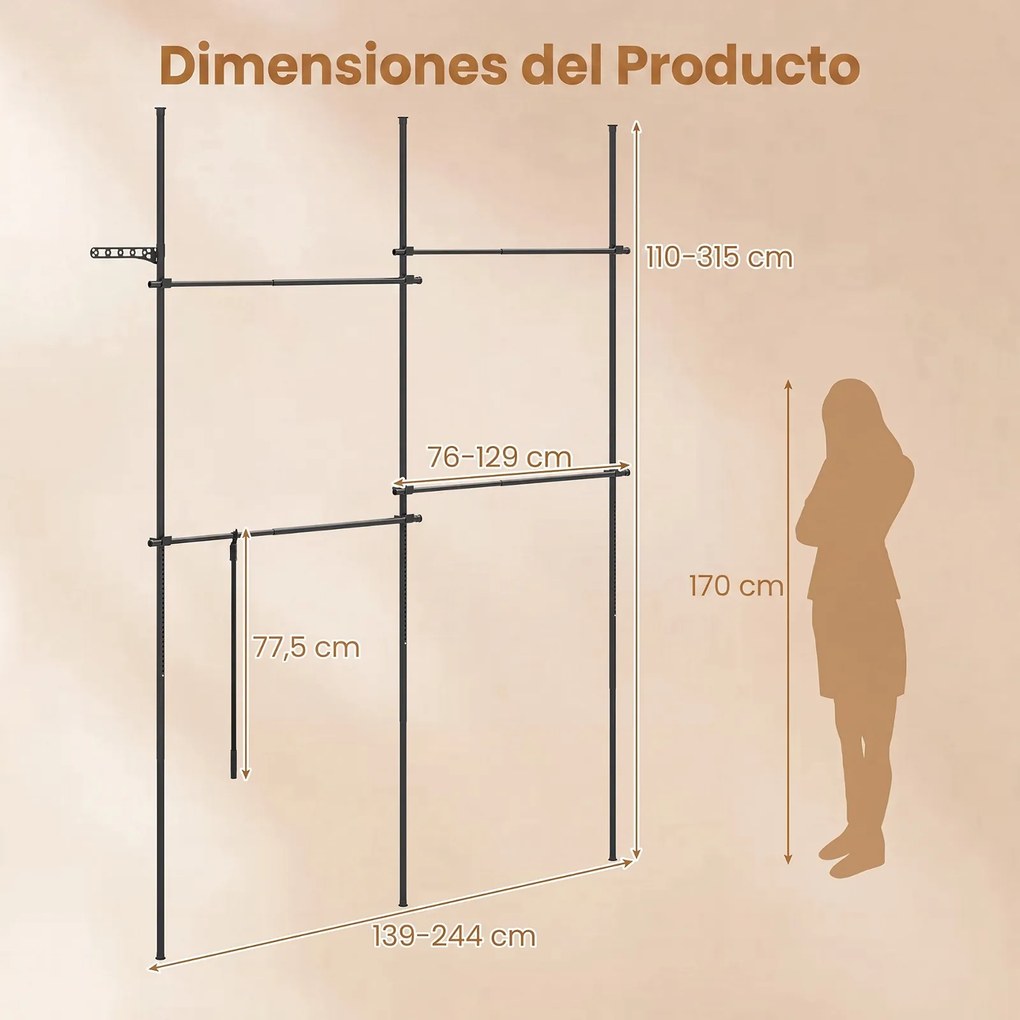 Cabideiro de Pé Modular 139-244 x 110-315 cm, Altura e Comprimento Reguláveis, Preto