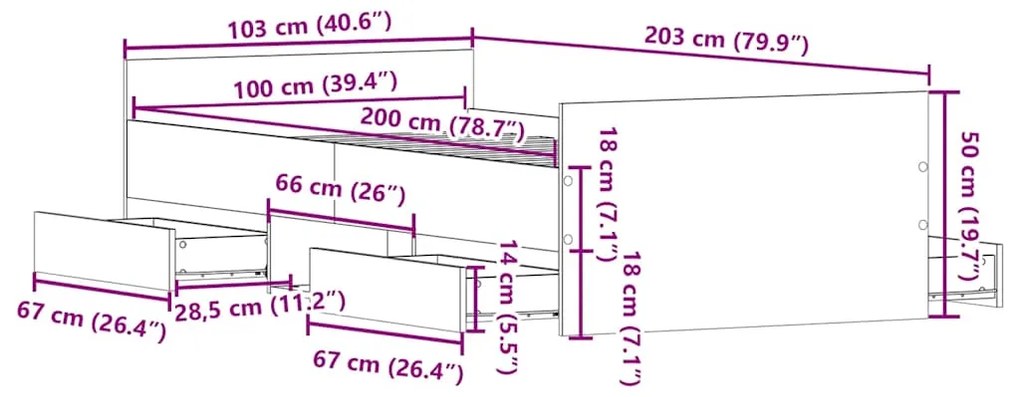 Estrutura de cama c/ painéis de cabeceira e pés cinzento sonoma