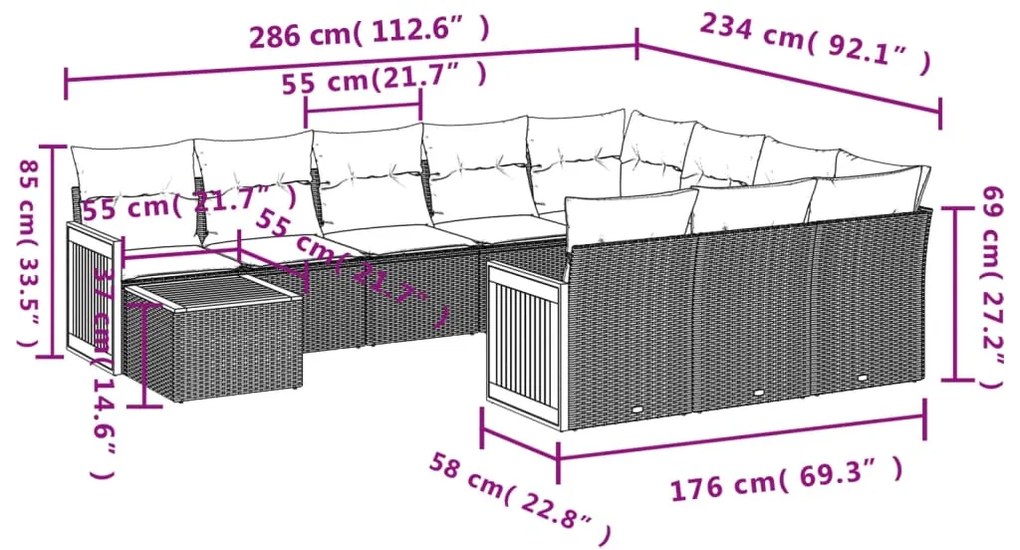 11 pcs conjunto sofás de jardim c/ almofadões vime PE bege
