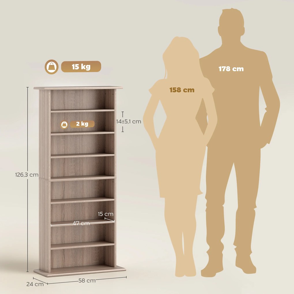 Estante Estreita para CDs e DVDs com 8 Compartimentos e Prateleiras Ajustáveis 58x24x126,3 cm em Madeira