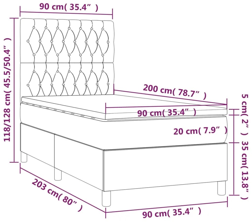 Cama com molas/colchão 90x200 cm veludo cinza-claro