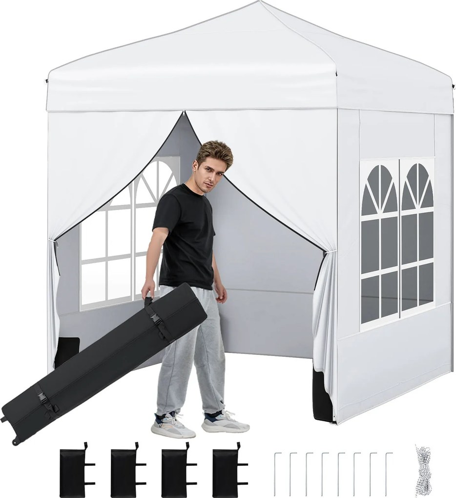 Tenda dobrável 194 x 194 cm, com 4 paredes laterais, 3 alturas ajustáveis, e 4 sacos de areia, 8 estacas, branca