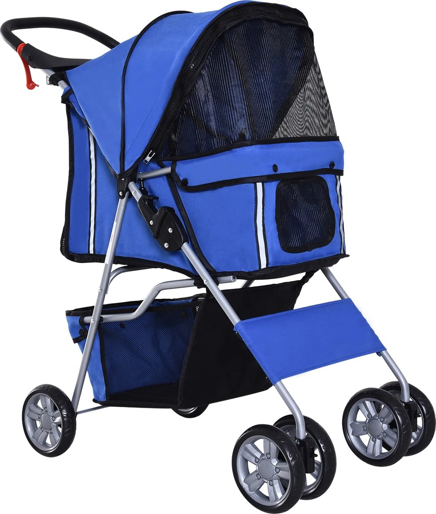 Carrinho de Passeio para Animais de Estimação Dobrável com Cesta de Armazenamento e Travão 75x45x97cm Azul
