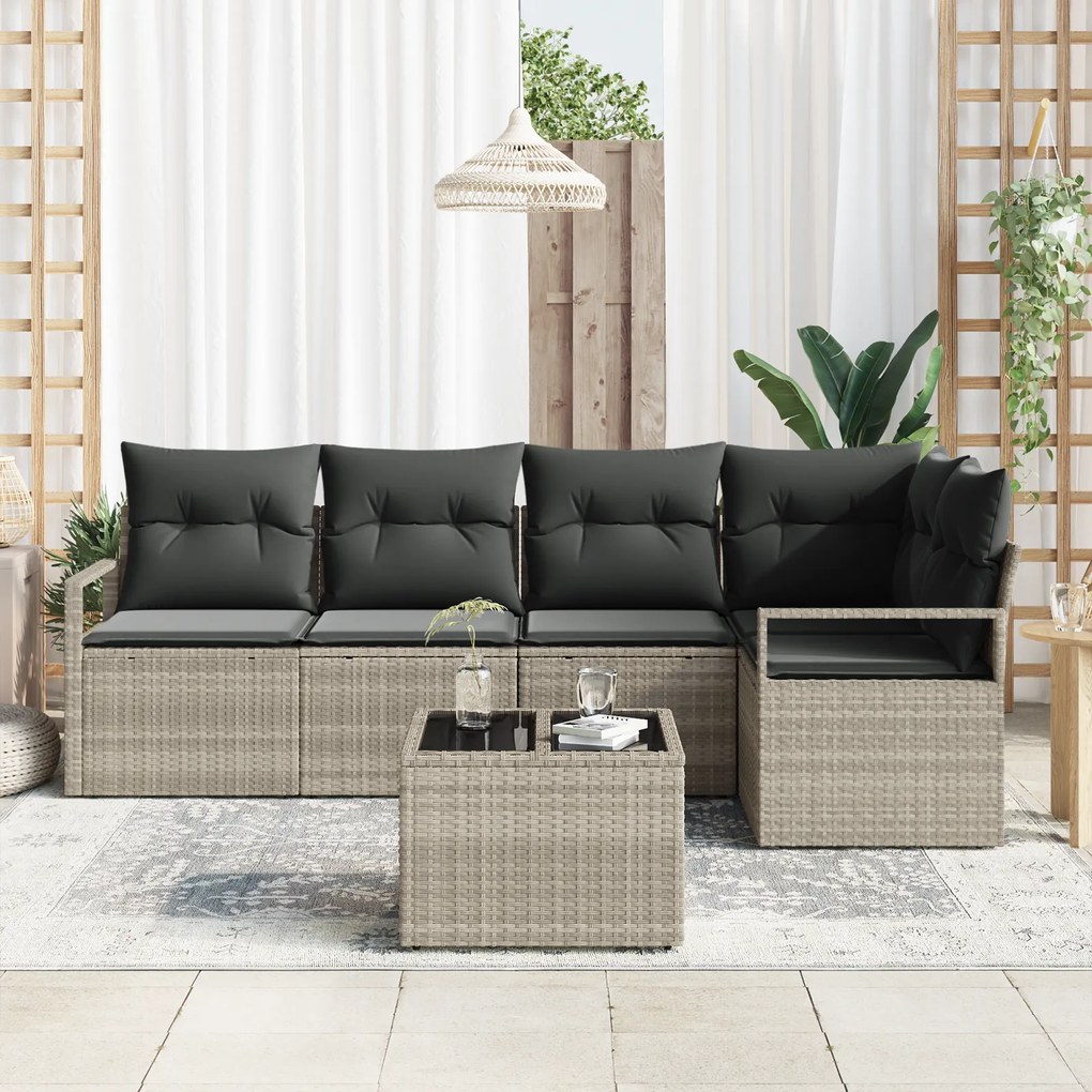 Conjunto de Sofá de Jardim de 6 Peças com Almofadas Cinza Vime PE, Sof