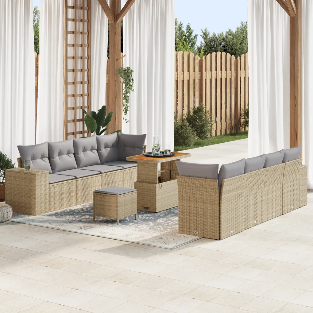 vidaXL Conjunto de Sofá de Jardim de 11 Peças com Almofadas Bege Vime PE Acácia
