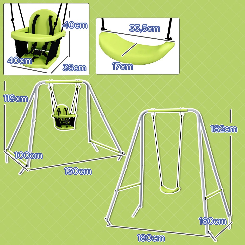 Baloiço de arco 2 em 1 para bebés com cinto de segurança de 5 pontos, para uso interior e exterior, verde