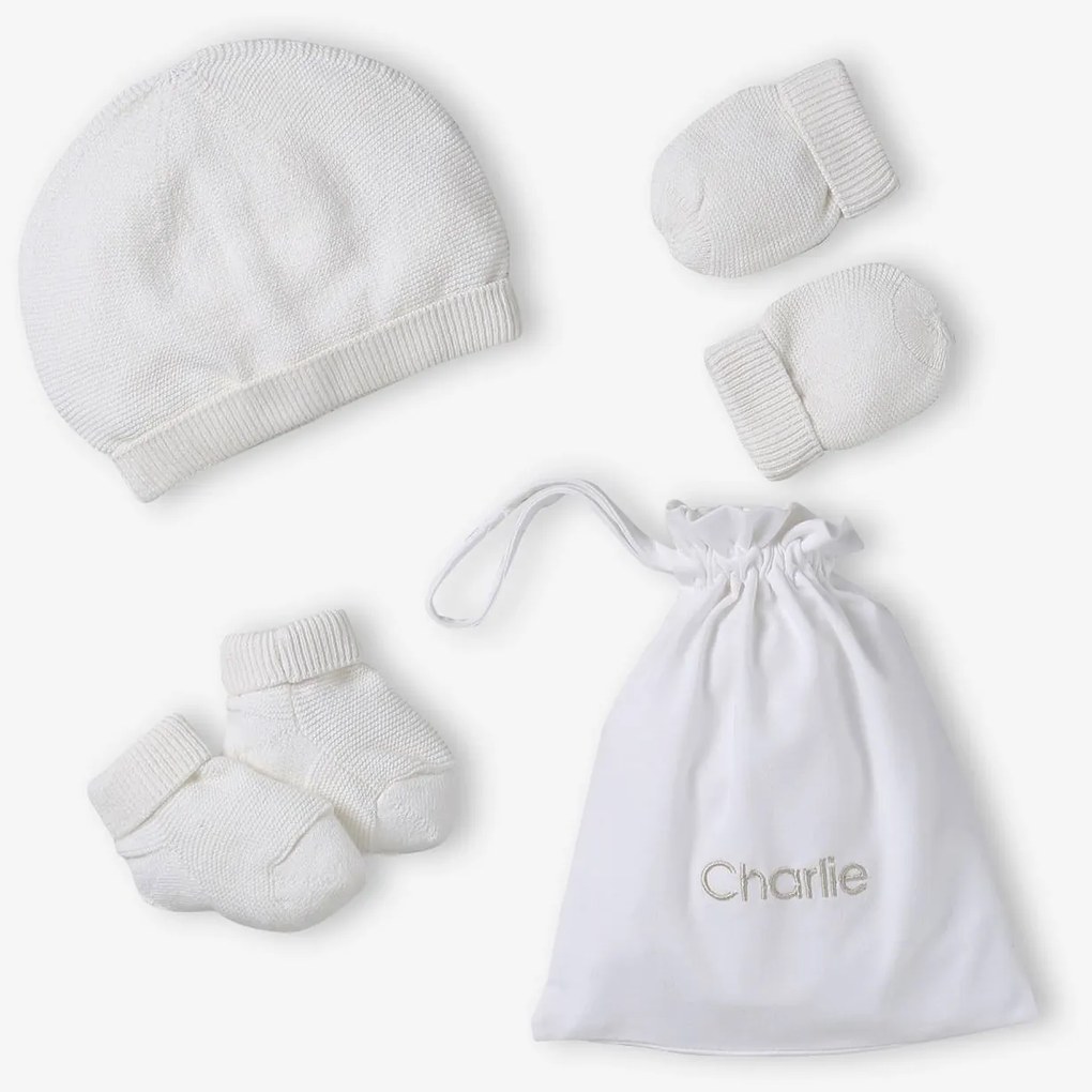 Conjunto gorro, luvas, sapatinhos e bolsa personalizável, para recém-nascido branco