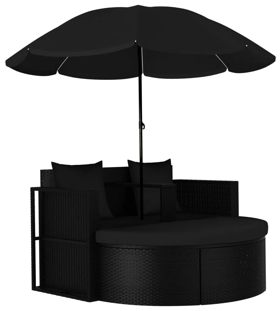vidaXL Espreguiçadeira para jardim com guarda-sol vime PE preto