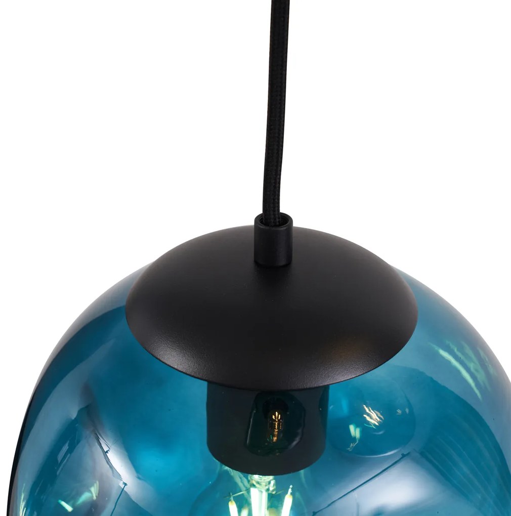 Candeeiro Pendente Art Deco Preto com Placa de Teto Oval e Vidro Verde e Azul 6 Luzes - Douglass