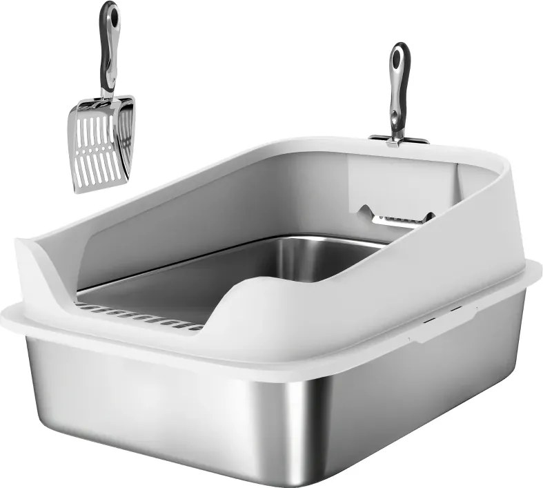 Caixa de Areia XL para Gatos 60,2x40,2x29,7 cm em Aço Inoxidável com Bordas Altas Pá Fácil de Limpar Antifugas Cinzento