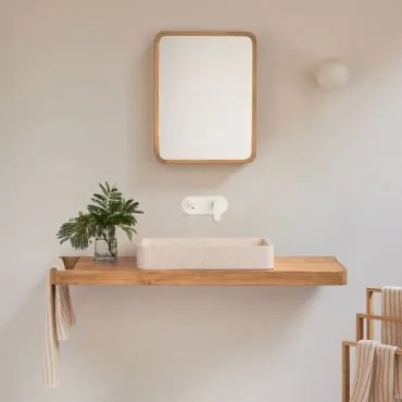 Conjunto De Móvel De Casa De Banho 130x45 Cm Suspenso Em Madeira De Teca Neill Madeira De Teca & Cimento Branco Retangular 60x30 Cm Ronald - Sklum