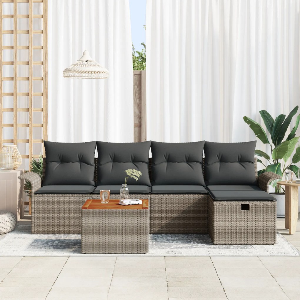 Conjunto de Sofá de Jardim de 6 Peças com Almofadas Cinzas de Vime Sin