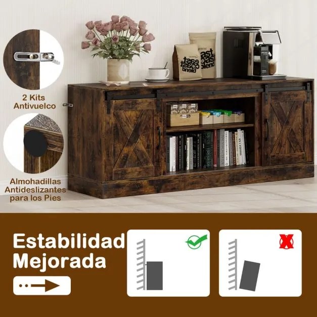 Móvel TV estilo rústico 150 x 39 x 60 cm com portas deslizantes tipo celeiro, prateleiras ajustáveis e kits antiderrapantes Café