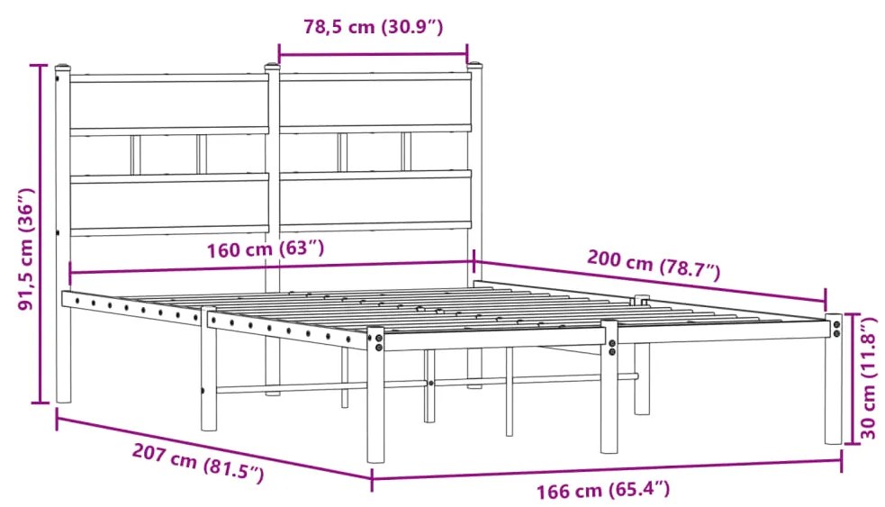 Estrutura de cama sem colchão 160x200cm metal carvalho sonoma