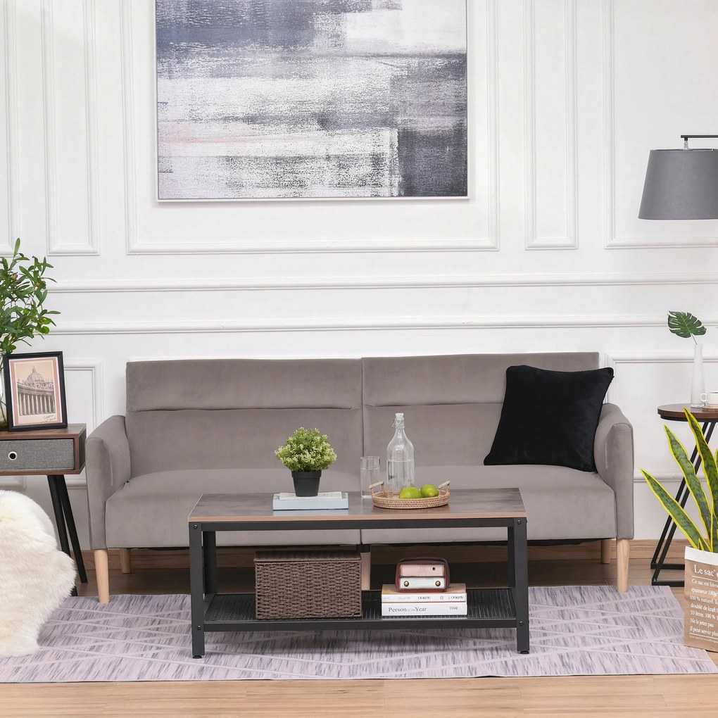 HOMCOM Sofá-Cama Convertível e Reclinável com Apoios de Braços e 2 Encostos Ajustáveis ​​Separadamente em 3 Posições Aveludado 196x85x82 cm Cinza