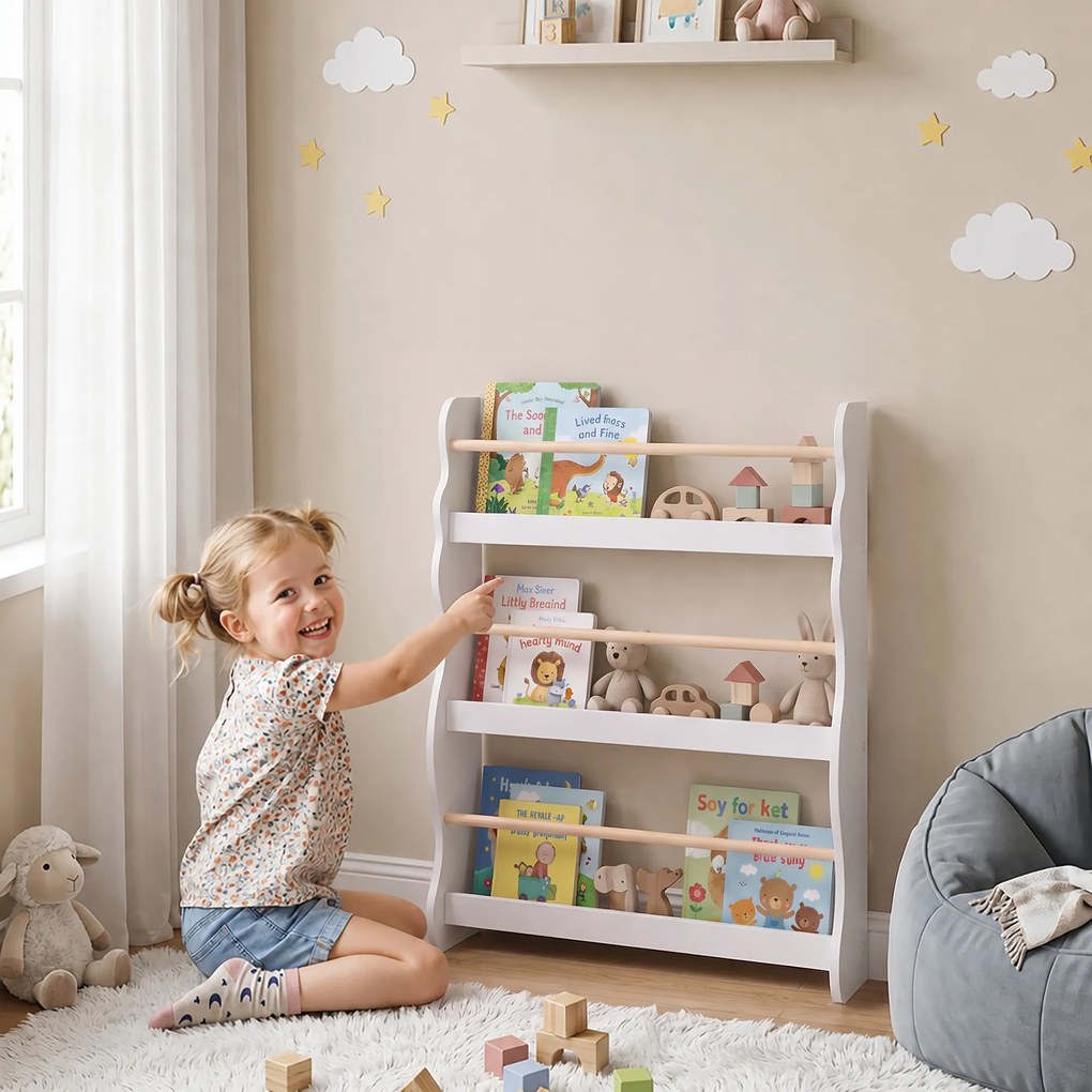 Estante de Livros Infantil de Parede com 3 Níveis, para Sala de Brincar, Sala de Estar e Cantinhos de Leitura, Branco, 3-8 Anos