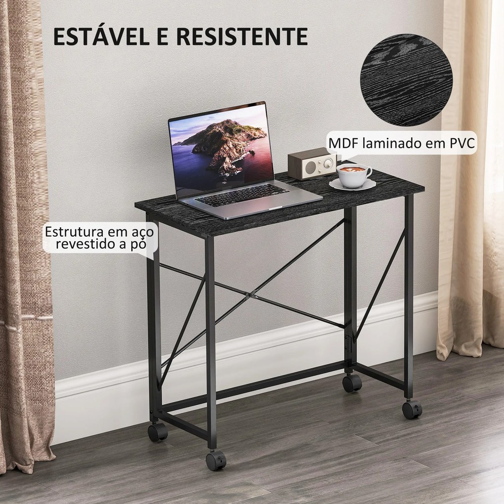 Secretária Dobrável com Rodas Mesa de Secretária Compacta Portátil para Espaços Pequenos 80x40x75 cm Preto