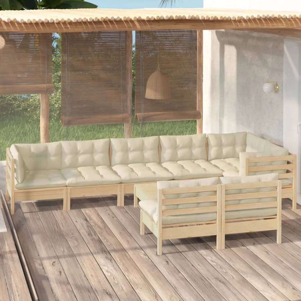 vidaXL 9 pcs conjunto lounge jardim c/ almofadões creme pinho maciço
