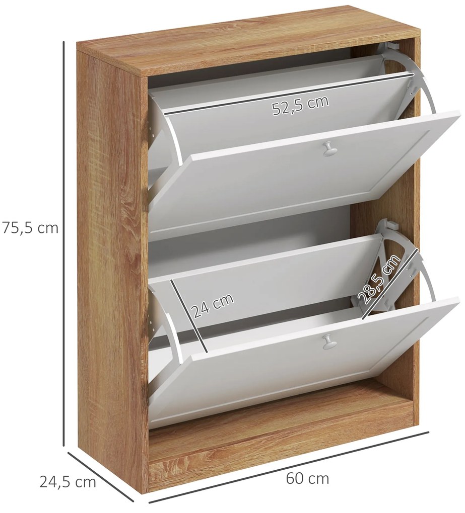 Sapateira Estreita com 2 Portas Prateleiras Ajustáveis para 12 Pares de Sapatos 60x24,5x75,5 cm Mdeira e Branco
