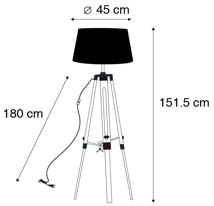 Candeeiro de pé natural com abajur de linho preto 45 cm - Tripod Design,Industrial,Retro