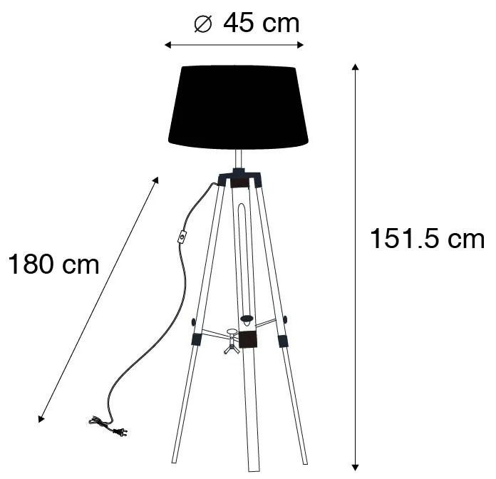 Candeeiro de pé natural com abat-jour de linho preto 45 cm - Tripé Design,Industrial,Retro