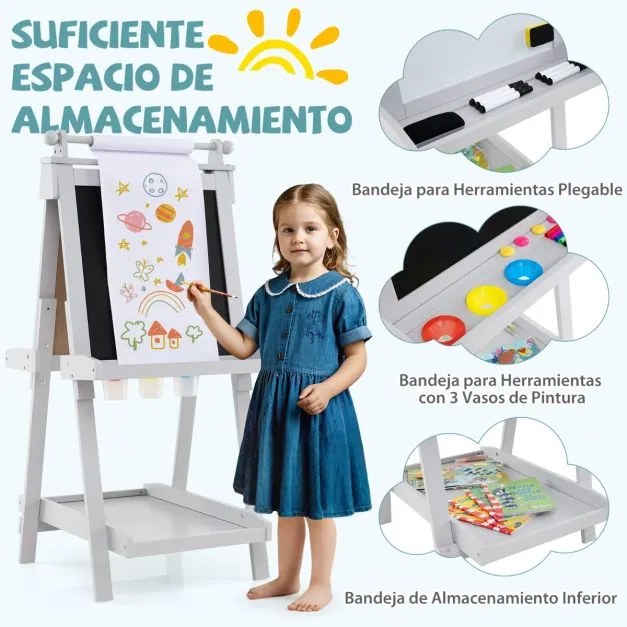 Cavalete de arte dobrável de dupla face 3 em 1 para crianças + 3 anos com quadro negro e rolo de papel substituível 3 copos bandejas Cinzento