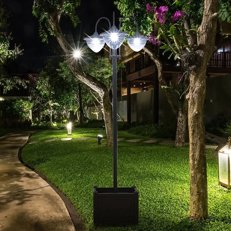 Candeeiro Solar de Jardim com Floreira – 60x55x189 cm – Preto – Luzes