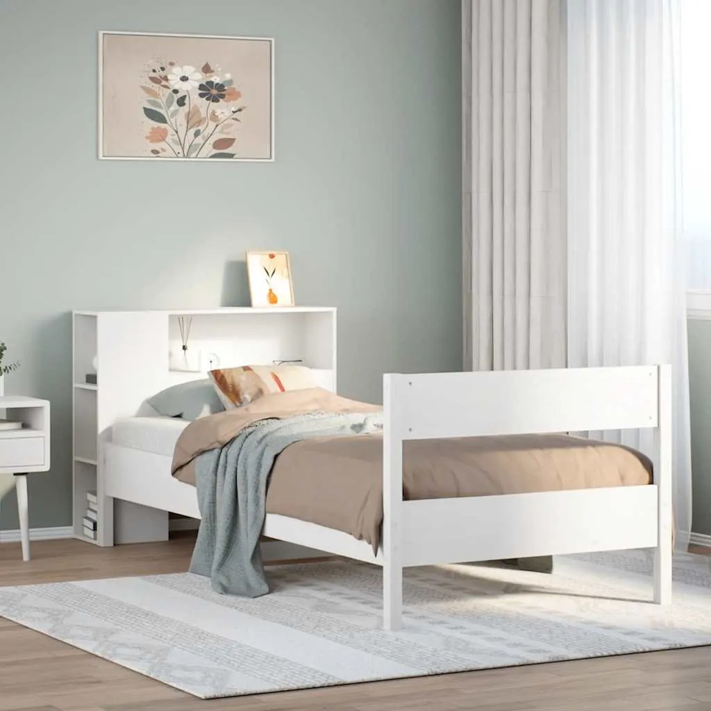 Cama com estante sem colchão 90x200 cm pinho maciço branco