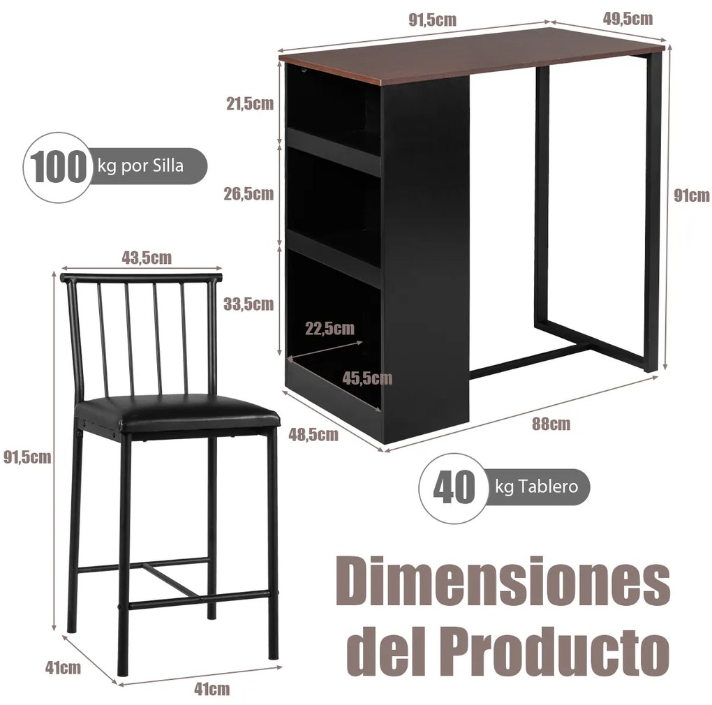 Conjunto de mesa industrial com 3 prateleiras laterais e 2 cadeiras acolchoadas para sala de jantar Castanho