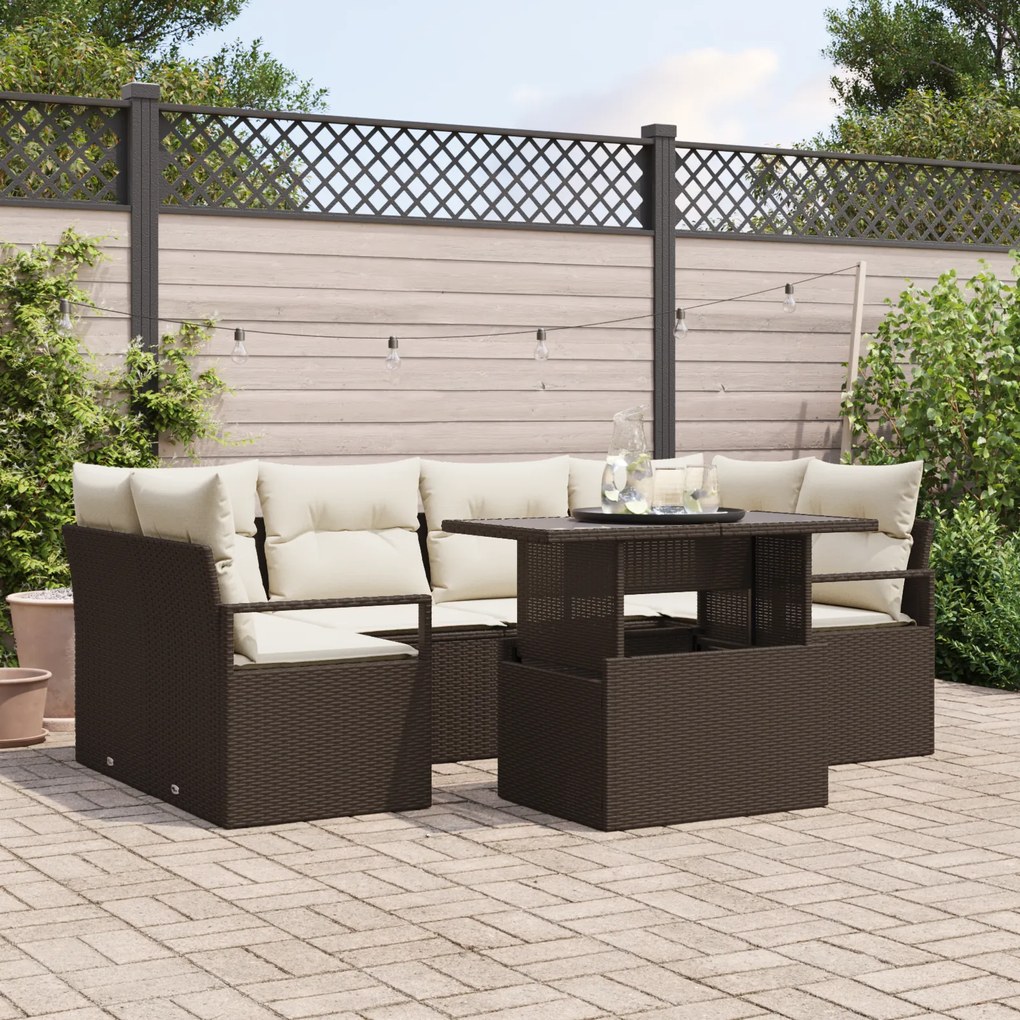 Conjunto de Sofá de Jardim vidaXL 7 Peças com Almofadas Castanho Ratta