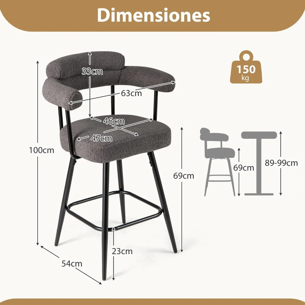 Conjunto de 2 bancos giratórios com encosto e braços curvos com pernas de metal e apoio para os pés 63 x 54 x 100 cm Cinzento
