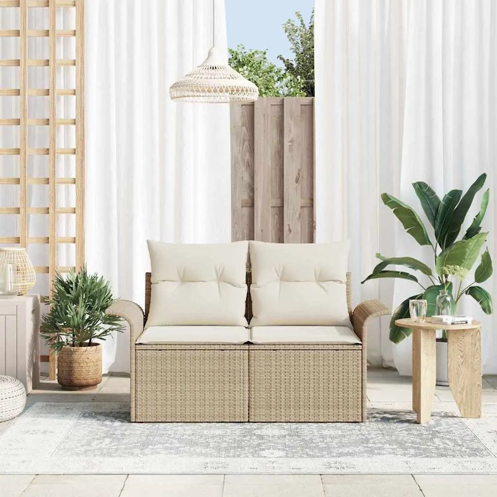 Sofá de Jardim para 2 Pessoas com Armazenamento e Almofadas Bege Vime
