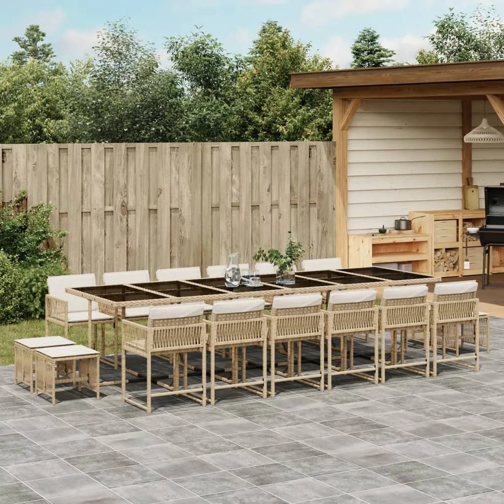vidaXL 17 pcs conjunto de jantar p/ jardim c/ almofadões vime PE bege