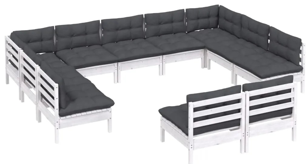 11 pcs conj. lounge de jardim c/ almofadões pinho maciço branco