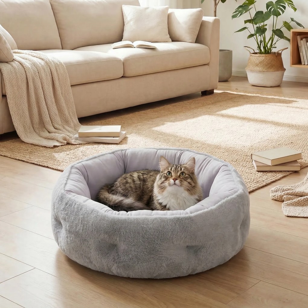 Cama reversível para gatos 62 C x 62 L x 21 A cm, cama para gatos de interior e cães de pequeno porte, cama redonda com rebordo de apoio, cinzento cla