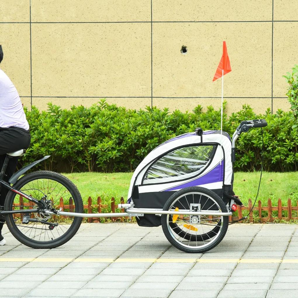 HOMCOM 2 em 1 Reboque de Bicicleta Infantil de 2 Lugares Convertível em Carrinho de Passeio com Roda Dianteira Giratória a 360° Roxo