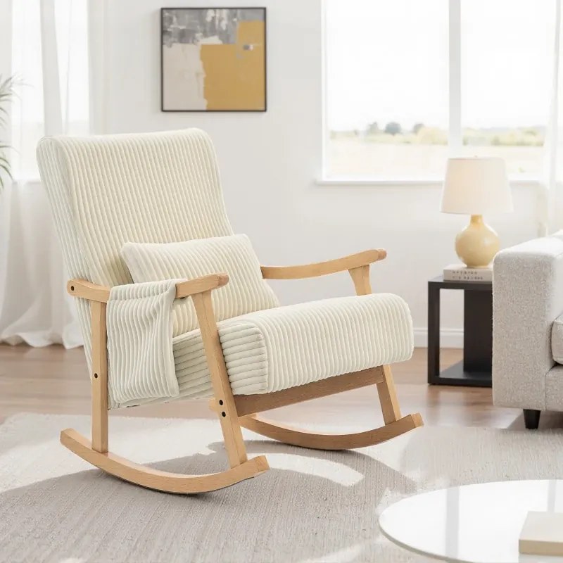Cadeira Baloiço Moderna em Veludo Cotelê com Apoio para os Braços Almofada Lombar e Bolso Poltrona de Amamentação 65x90x98 cm Bege