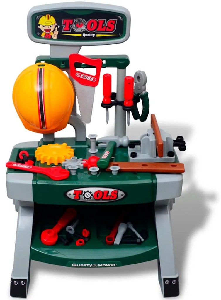 Bancada infantil com ferramentas verde + cinzento