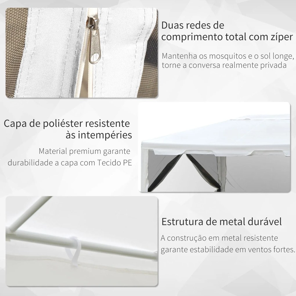 Tenda Pérgola de jardim 4x3 m com redes mosquiteiras laterais de telhado duplo e portas com fecho preto e branco