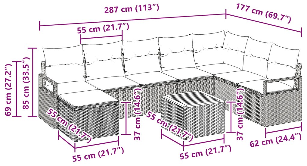 Conjunto de Sofá de Jardim de 9 Peças com Almofadas Bege de Vime PE, S
