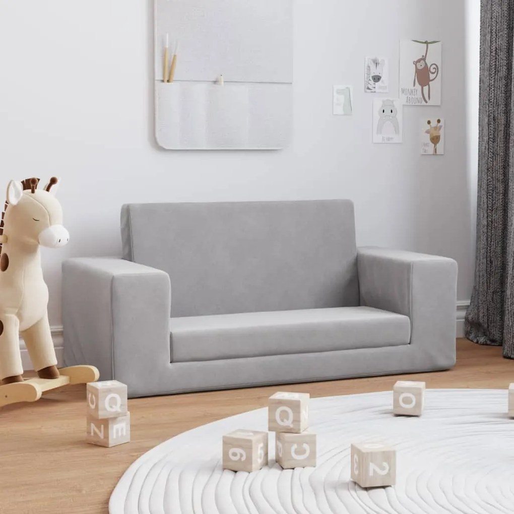 341828 vidaXL Sofá-cama infantil de 2 lugares pelúcia cinzento-claro