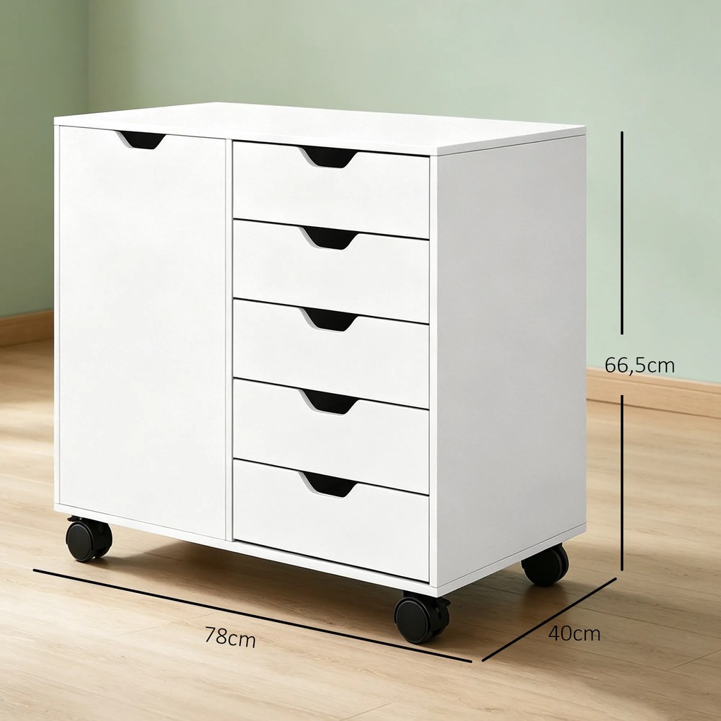 Móvel de arrumação para escritório com 5 gavetas 78 x 40 x 66,5 cm, 1 porta, prateleira ajustável, suporte para impressora e rodas, branco