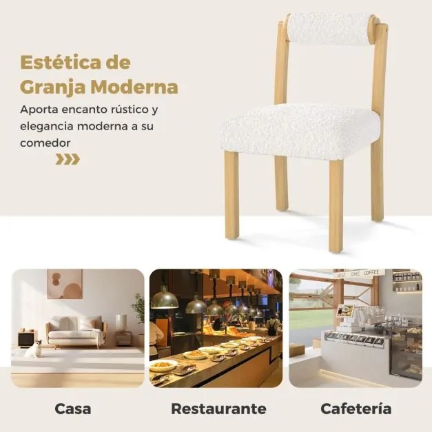 Conjunto de 2 cadeiras de jantar estofadas em sherpa sintética com estrutura em madeira de borracha Natural+Branco