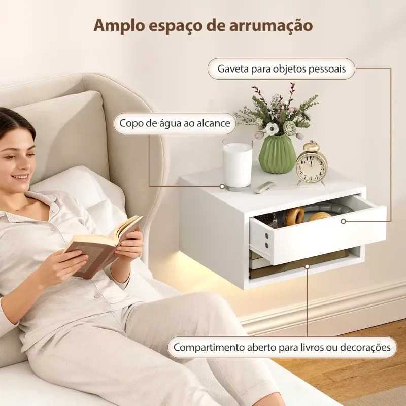 Conjunto de 2 Mesas de Cabeceira Flutuantes 37x32x21 cm com Luzes LED RGB Controlo por APP e Prateleira Aberta Branco