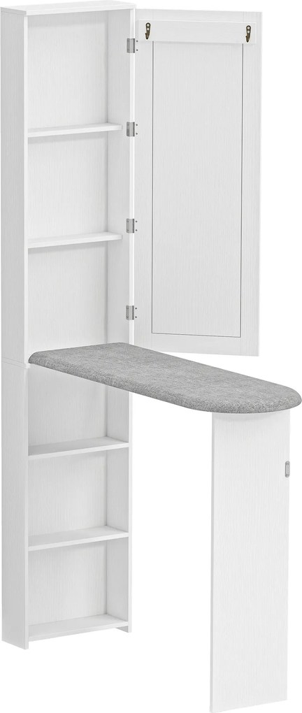 HOMCOM Móvel de Engomar com Espelho Tábua de Engomar Dobrável 6 Compartimentos 2 Ganchos 107x35x174 cm Branco | Aosom Portugal