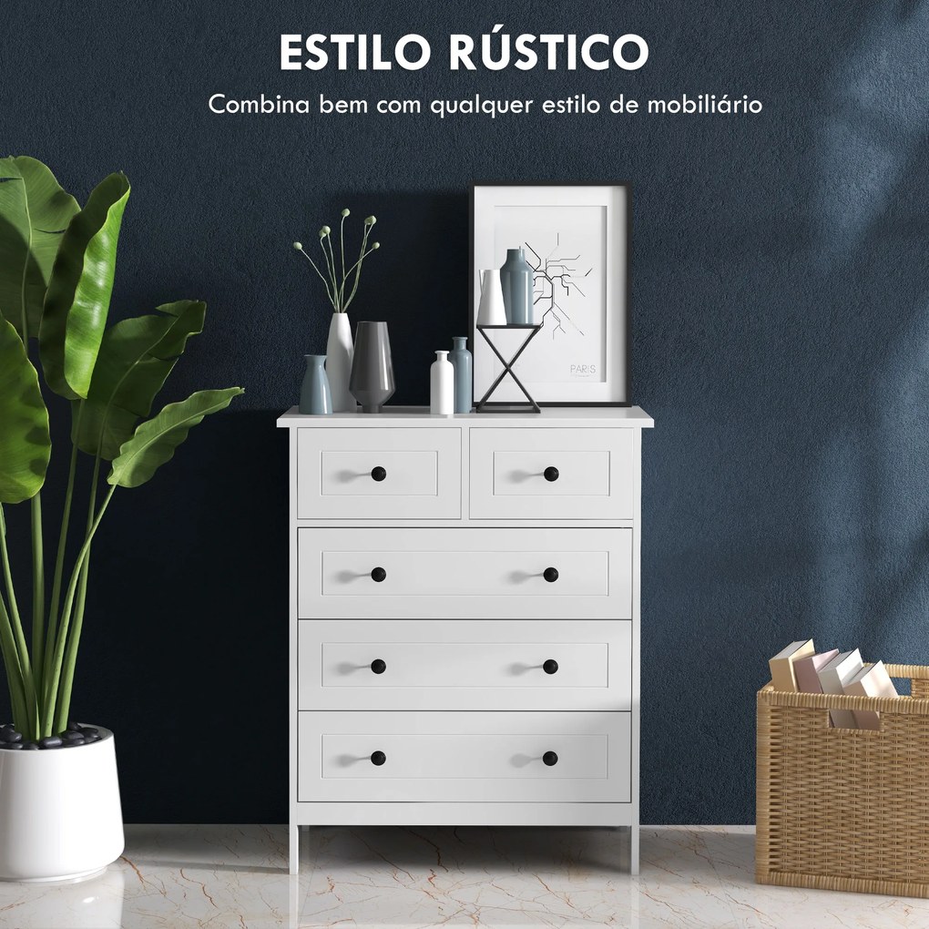 Cómoda de Dormitório com 5 Gavetas e Puxadores Cómoda Alta para Sala de Estar Estúdio Estilo Moderno 74x40x91 cm Branco