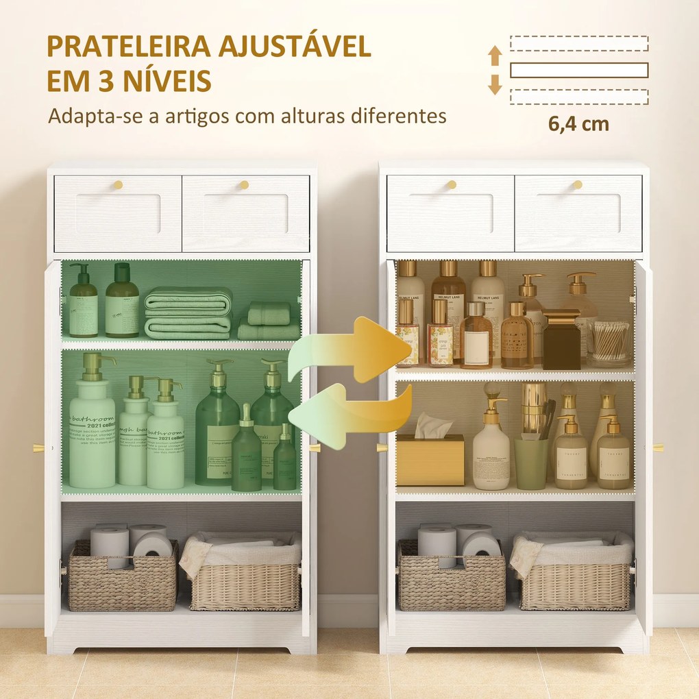 Armário de Casa de Banho Estreito com 2 Gavetas Prateleira Aberta e Porta com Painel Arqueado 60x30x108 cm Branco Texturizado